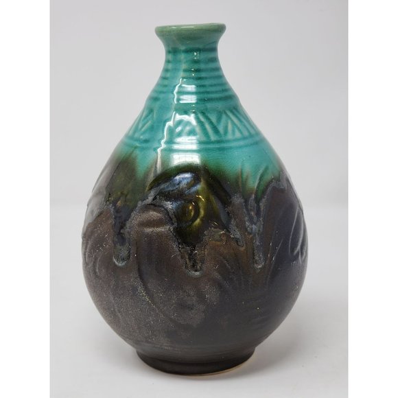 Vintage Drip Glaze Vase Matte Chocolate And Turquoise - Picture 2 of 10